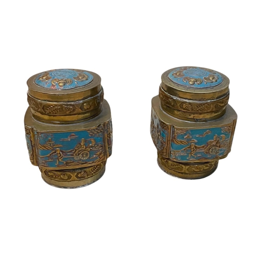 Pair of Vintage Brass Chinese Urn Snuff Brass &‎ Enamel Lidded Trinket Tea Jar
